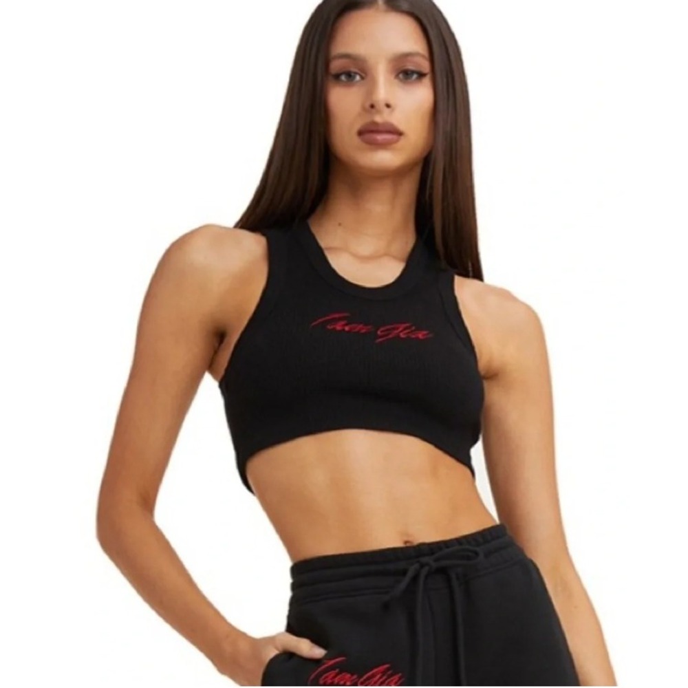 I.AM.GIA Ribbed Tank Womens S Black Red Script Logo Cropped Sleeveless Top